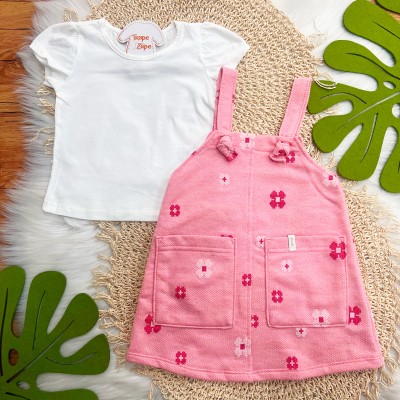Conj. Blusa e Salopete Florzinhas em Linho- Off White e Rosa